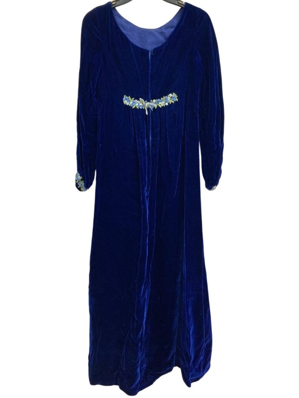 Vintage Embroidered Velvet Maxi Dress Size S Blue Cottagecore Evening Feminine